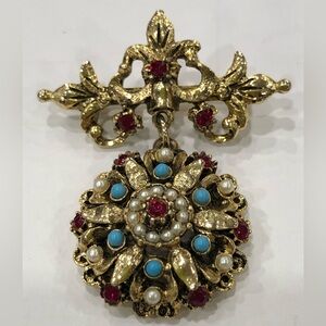 Victorian Style VNTG Unique Small Brooch Stones Pearls Turquoise Decor Statement